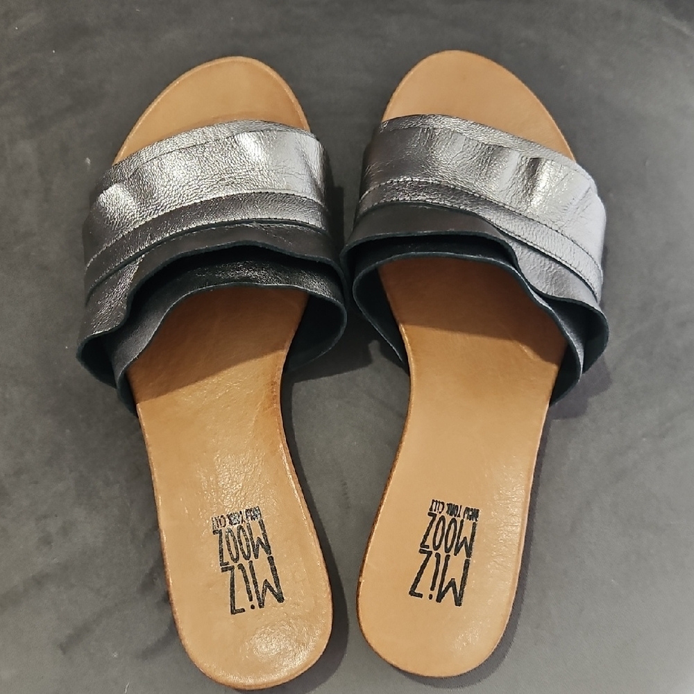 Miz Mooz Metallic Silver Leather Slide Sandals